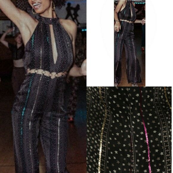 CLEOBELLA Nash high neck flared leg sleeveless retro disco jumpsuit stardust XS - Picture 9 of 9